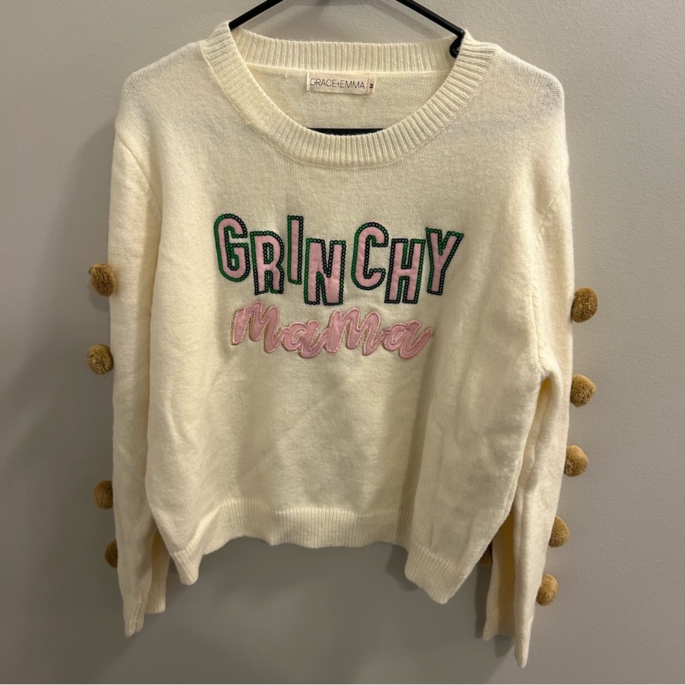 Grace & Emma Cream Sweater with Pom-Pom Accents